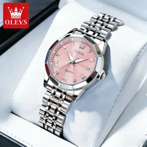OLEVS Women Watches Elegant Luxury Stainless Steel Strap Original Quartz Wristwatch for Man Waterproof Luminous Date Trend Dress