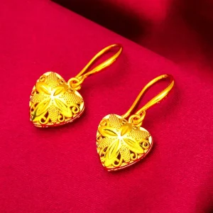 24K Gold Heart Earrings AU999 Pure Gold, 3D heart design, mirror-polished finish, perfect for daily wear with a touch of romance