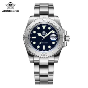 ADDIESDIVE Men's Quartz Watch 200m Waterproof Ceramic Bezel Steel Watch Magnifying Mirror Glass BGW9 Blue Luminous Diving Watch