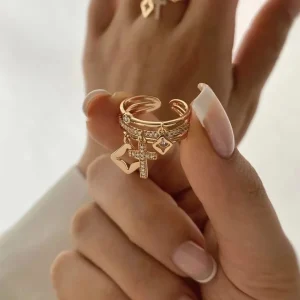 2024 Nwe Stainless Steel 18 K Gold Plated Sun Rings for Women Natural Stone Inlaid in Hollow Metal Texture Ring Trendy Jewelry
