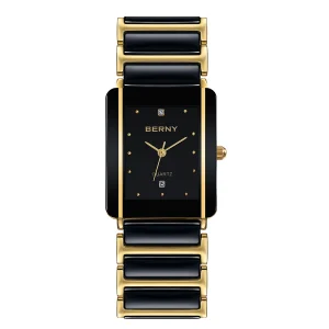 BERNY Ceramic Quartz Men Watch Fashion Luxury Rectangle Wristwatch XV12 Waterproof Calendar Diamon Black Gold Couple Gifts Watch